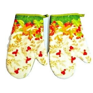 Autumn Leaves Berries Oven Mitts 2-Pc Kitchen Fall Holiday Cotton Polyester Gift